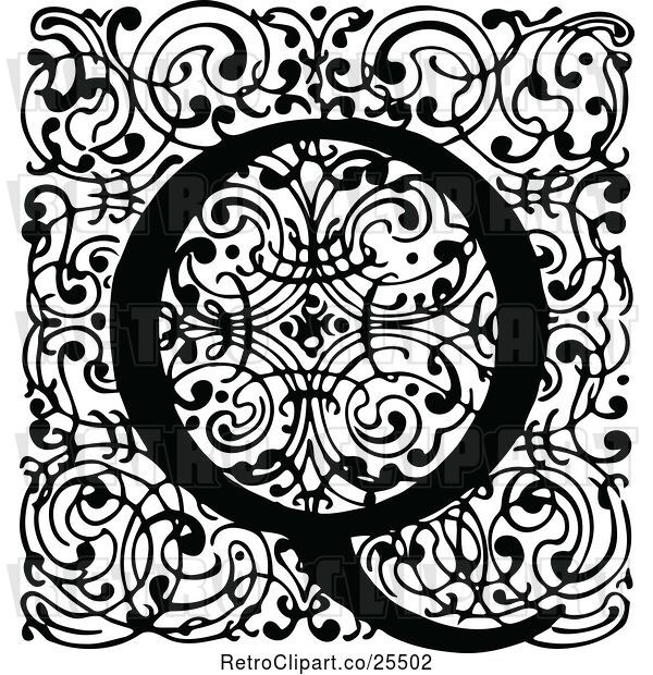 Vector Clip Art of Retro Monogram Q Letter over Swirls