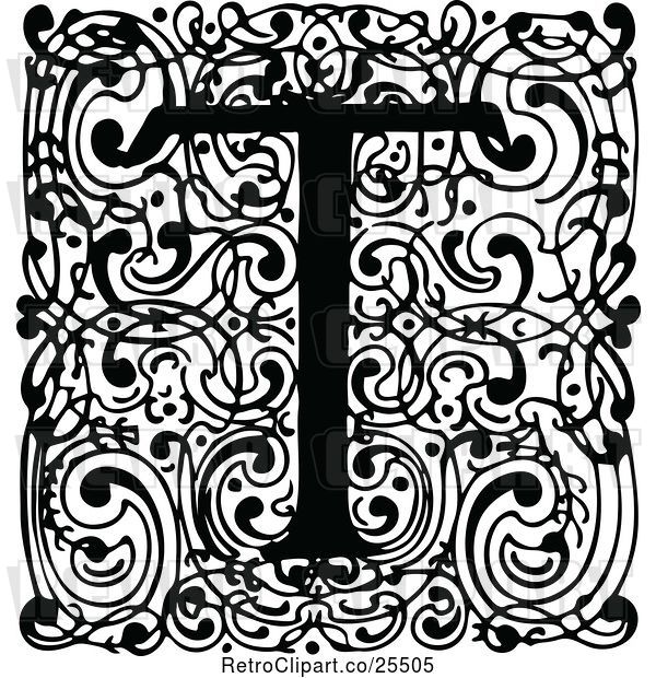 Vector Clip Art of Retro Monogram T Letter over Swirls