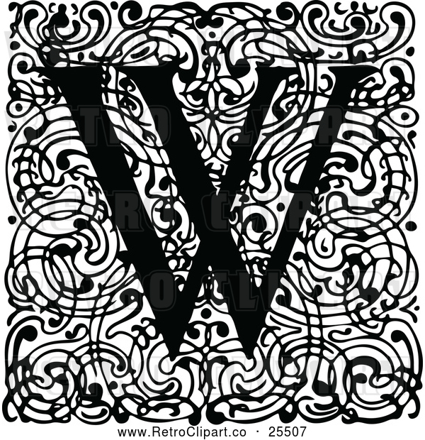 Vector Clip Art of Retro Monogram W Letter over Swirls