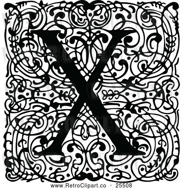 Vector Clip Art of Retro Monogram X Letter over Swirls