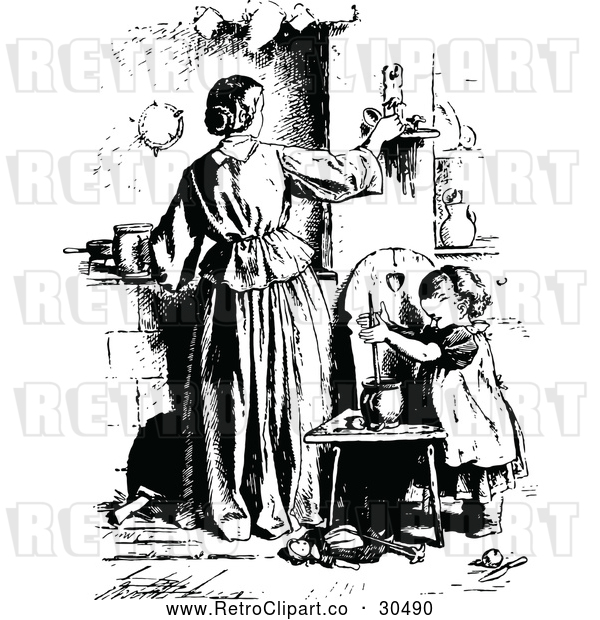 Vector Clip Art of Retro Mother Adjusting a Candle and Daughter