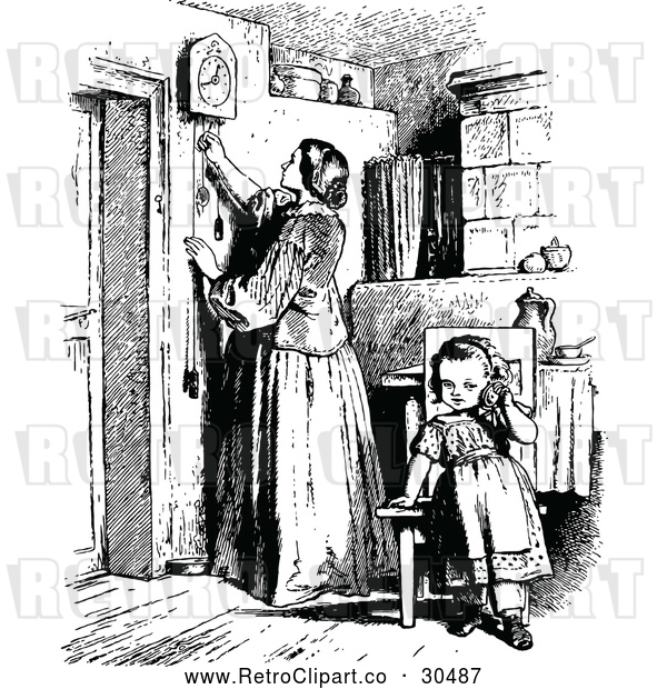 Vector Clip Art of Retro Mother Adjusting a Clock and Daughter