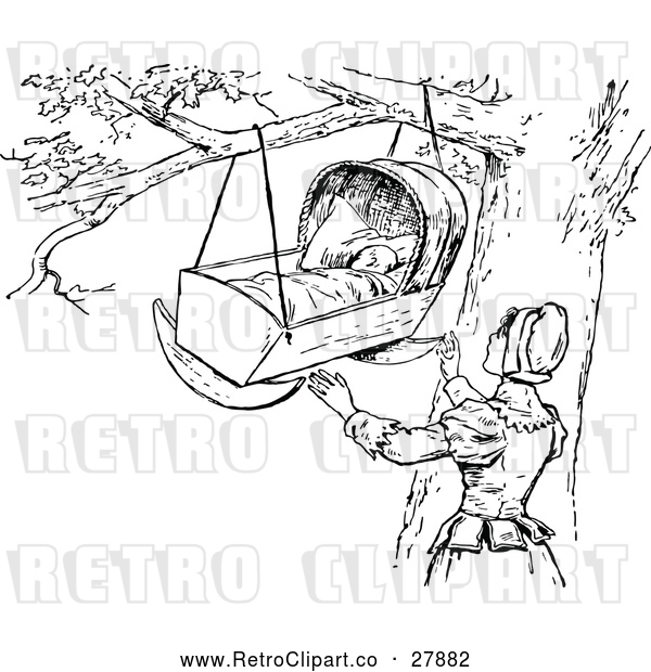 Vector Clip Art of Retro Mother and Baby Crib in a Tree