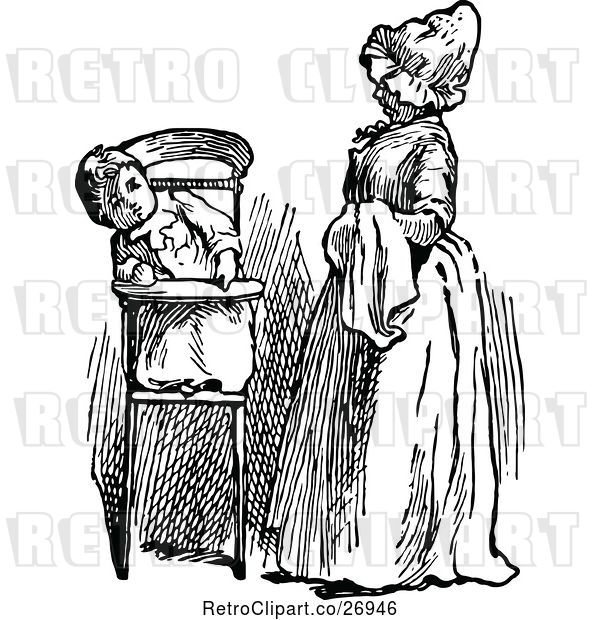 Vector Clip Art of Retro Mother and Baby in a High Chair