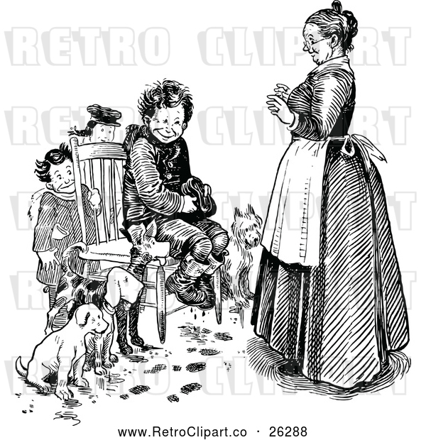 Vector Clip Art of Retro Mother and Boys with Dogs Around a Chair