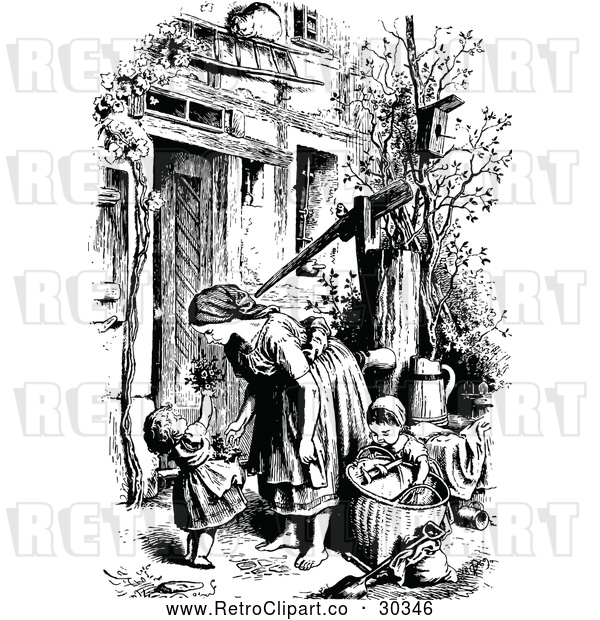 Vector Clip Art of Retro Mother and Children by a Water Pump