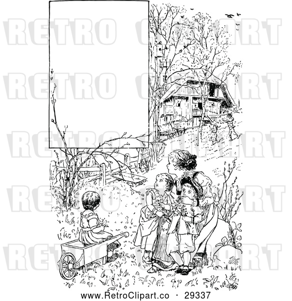 Vector Clip Art of Retro Mother and Children in a Garden with Copyspace