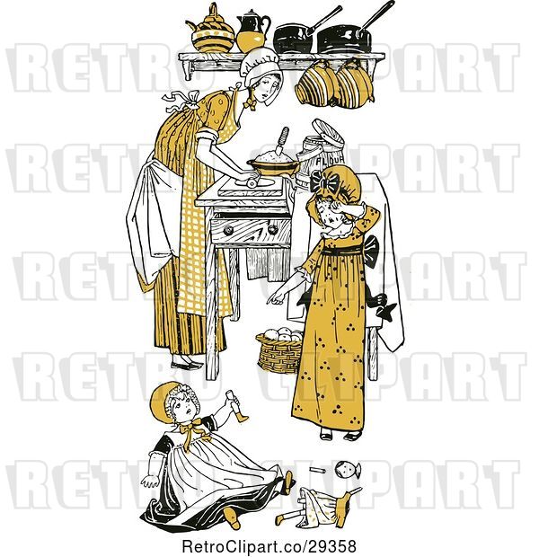 Vector Clip Art of Retro Mother and Daughters in a Kitchen in Yellow Tones