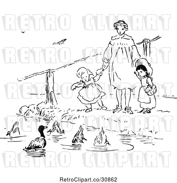 Vector Clip Art of Retro Mother and Girls at a Duck Pond