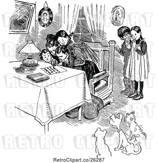 Vector Clip Art of Retro Mother and KChildren Writing a Letter with Dogs