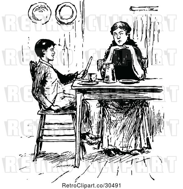 Vector Clip Art of Retro Mother and Son at a Table