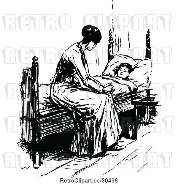 Vector Clip Art of Retro Mother and Son at Bed Time