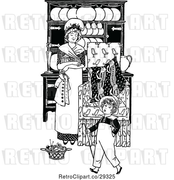 Vector Clip Art of Retro Mother and Son at Home