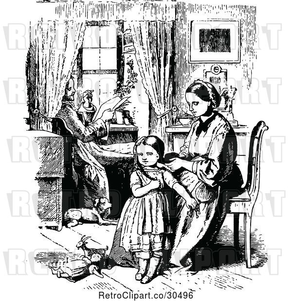 Vector Clip Art of Retro Mother Braiding Her Daughters Hair As Father Reads