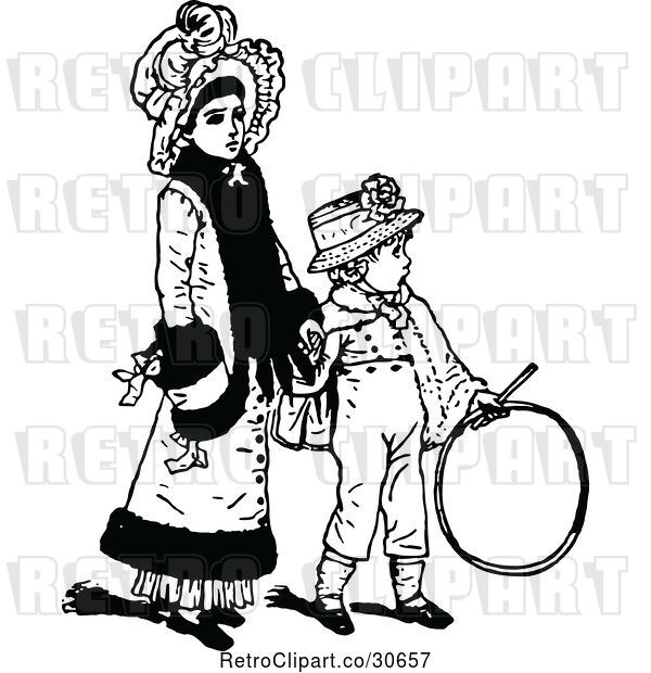 Vector Clip Art of Retro Mother Holding Hands with Her Son