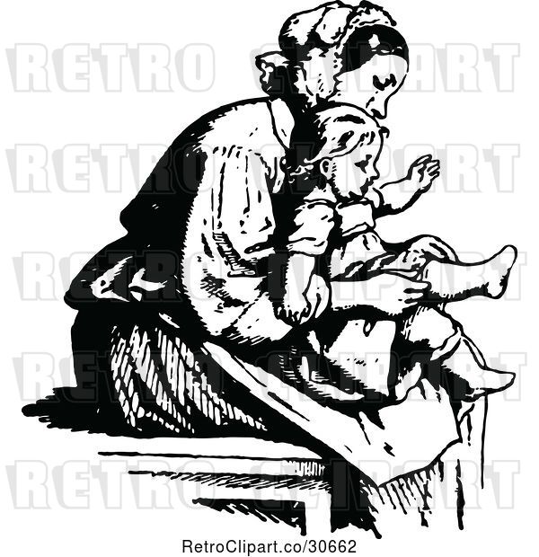 Vector Clip Art of Retro Mother Putting Socks on Her Daughter