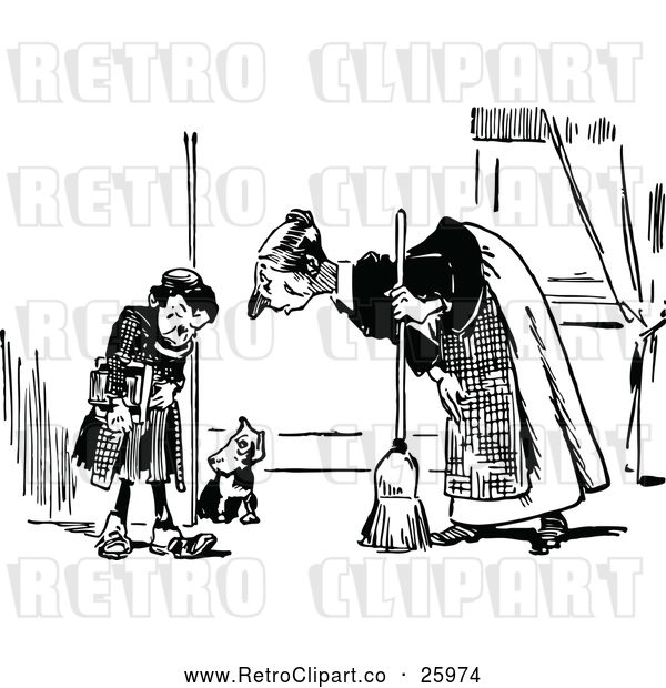 Vector Clip Art of Retro Mother Scolding Her Son and Dog