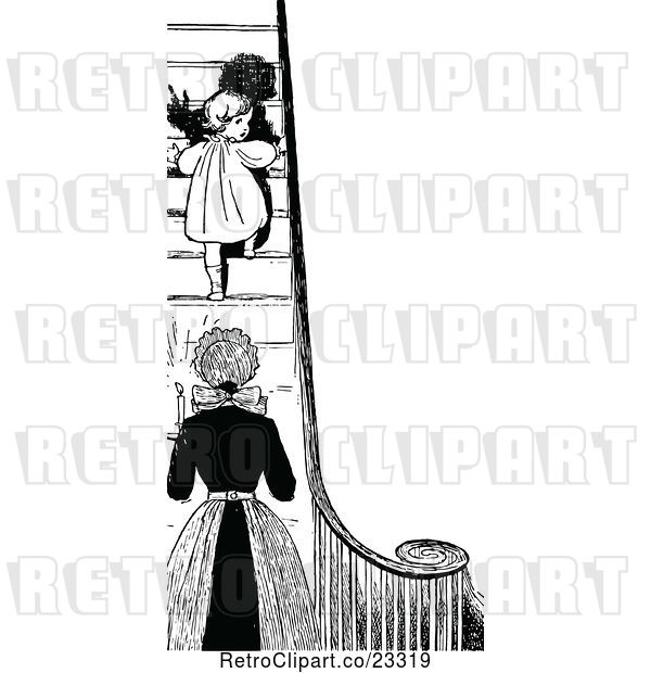 Vector Clip Art of Retro Mother Sending Her Daughter up Stairs at Bed Time
