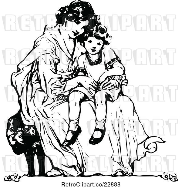 Vector Clip Art of Retro Mother Sitting with Her Daughter