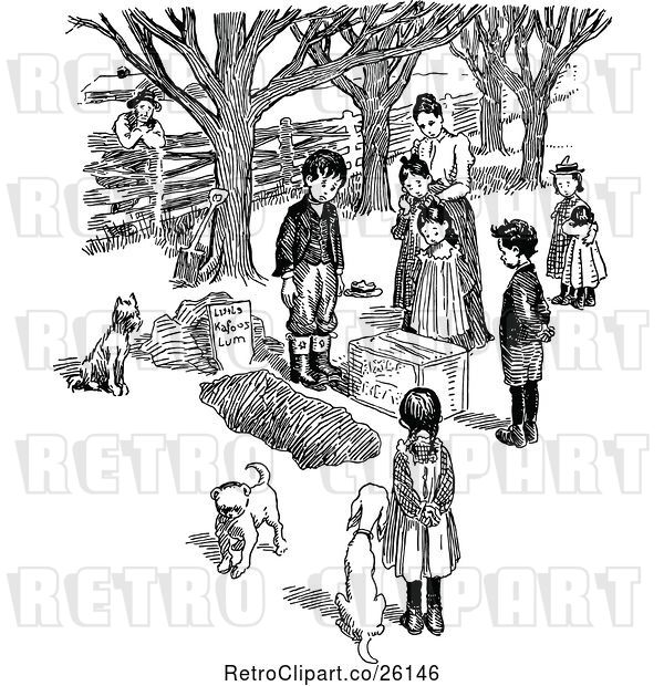 Vector Clip Art of Retro Mother with Children Around a Dog Grave