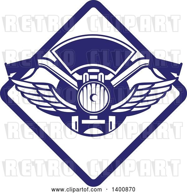 Vector Clip Art of Retro Motorcycle Handlebars with Wings in a Blue and White Diamond