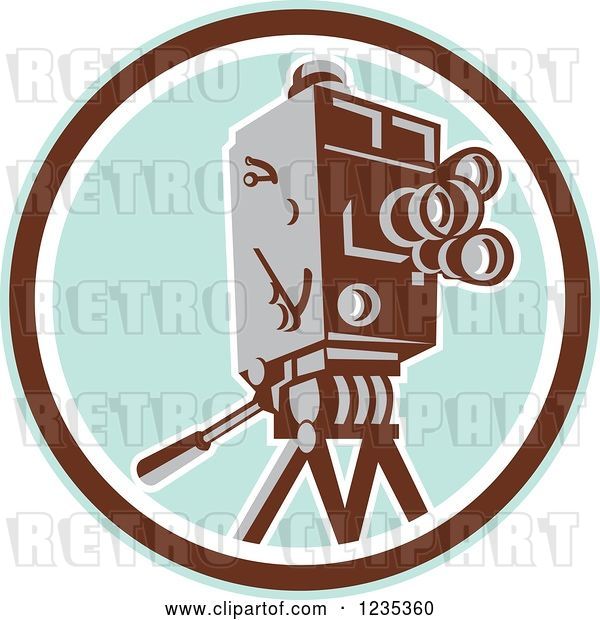 Vector Clip Art of Retro Movie Camera over a Pastel Blue and Brown Circle