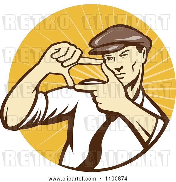 Vector Clip Art of Retro Movie Director Framing a Shot with His Hands over a Circle of Orange Rays
