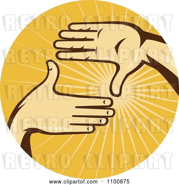 Vector Clip Art of Retro Movie Director Hands Framing a Shot over a Circle of Orange Rays