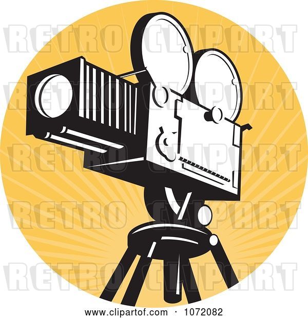 Vector Clip Art of Retro Movie Film Camera over Orange Rays