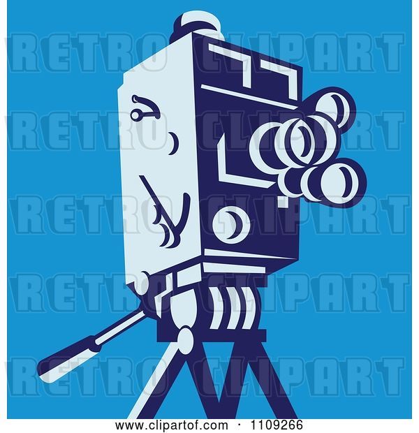 Vector Clip Art of Retro Movie Video Camera on a Tripod over Blue