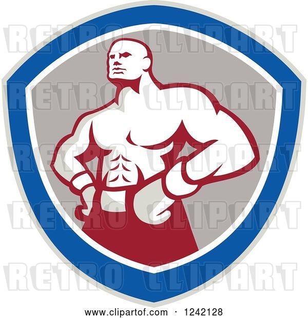 Vector Clip Art of Retro Muscular Boxer Guy in a Shield