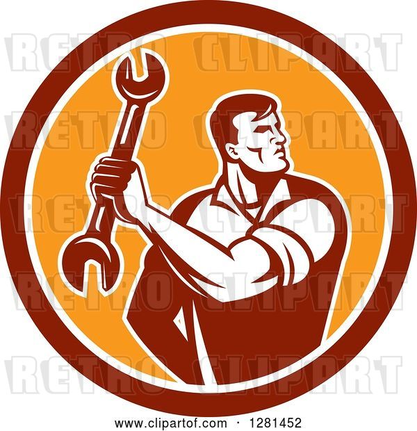 Vector Clip Art of Retro Muscular Male Mechanic Holding a Wrench in a Red White and Orange Circle