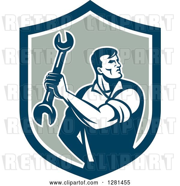 Vector Clip Art of Retro Muscular Male Mechanic Holding a Wrench in a Shield