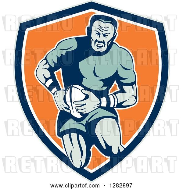 Vector Clip Art of Retro Muscular Male Rugby Player Running in a Blue White and Orange Shield