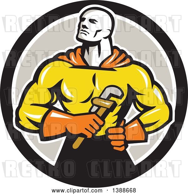 Vector Clip Art of Retro Muscular Super Hero Plumber Holding a Monkey Wrench in a Black White and Gray Circle