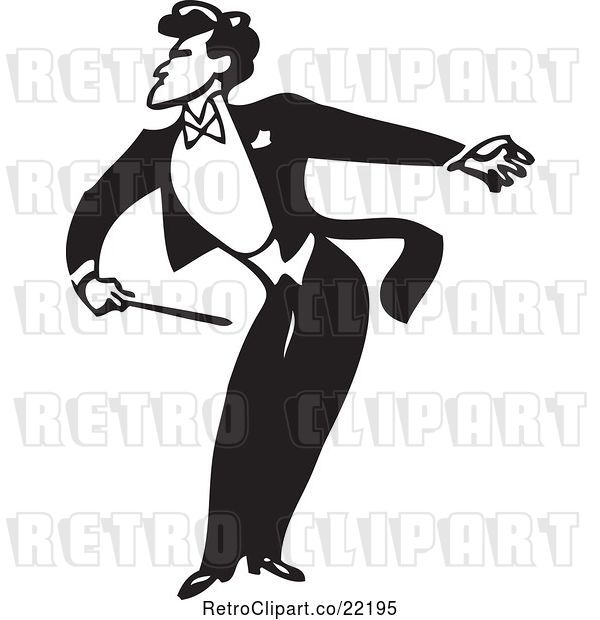 Vector Clip Art of Retro Music Conductor Facing Left, Bending and Holding an Arm Back