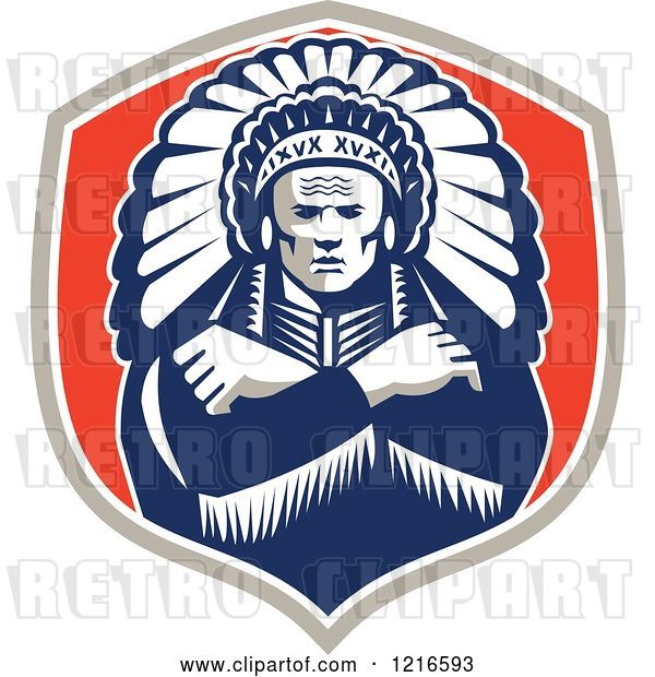Vector Clip Art of Retro Native American Chief with a Feather Headdress in a Shield
