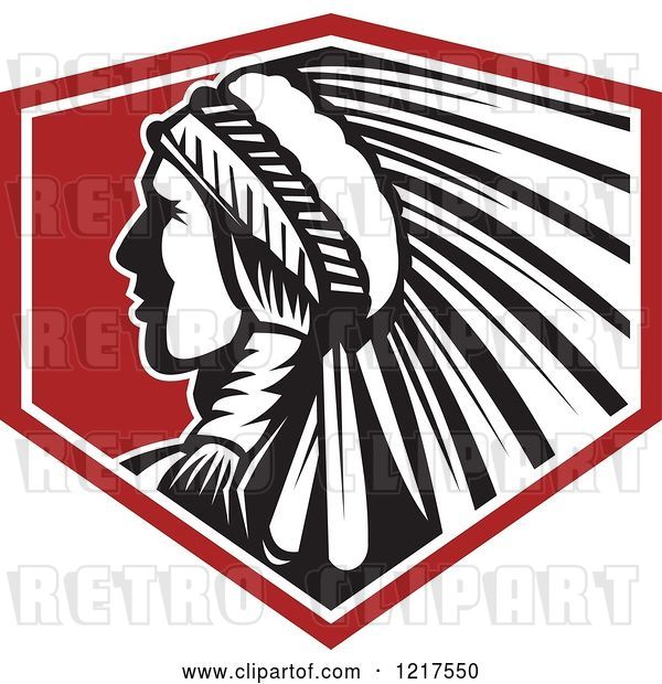 Vector Clip Art of Retro Native American Chief with a Feather Headdress in Profile over a Red Shield