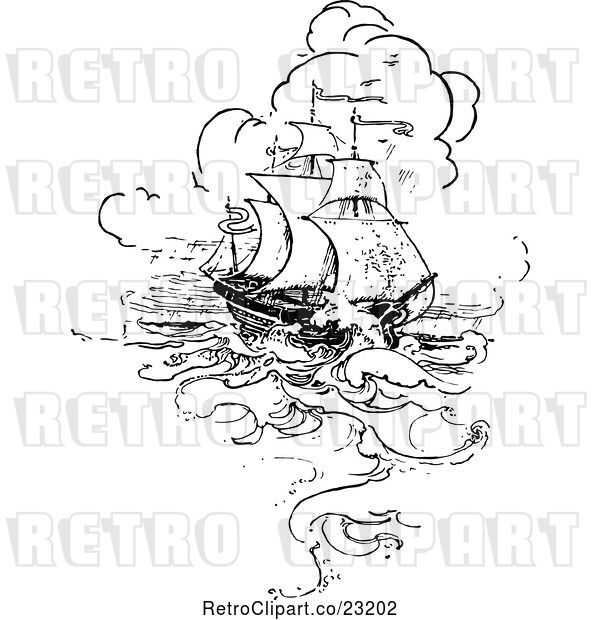 Vector Clip Art of Retro Nautical Ship in Rough Seas
