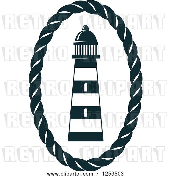 Vector Clip Art of Retro Navy Blue Lighthouse in a Rope Oval