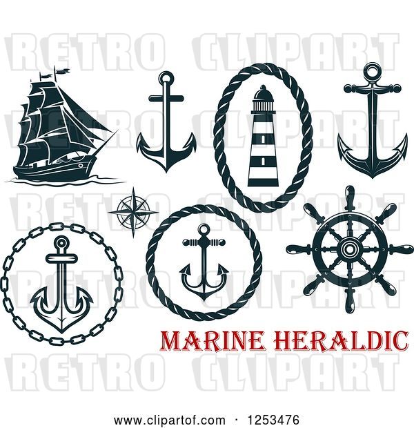 Vector Clip Art of Retro Navy Blue Nautical Anchors and Heraldic Designs
