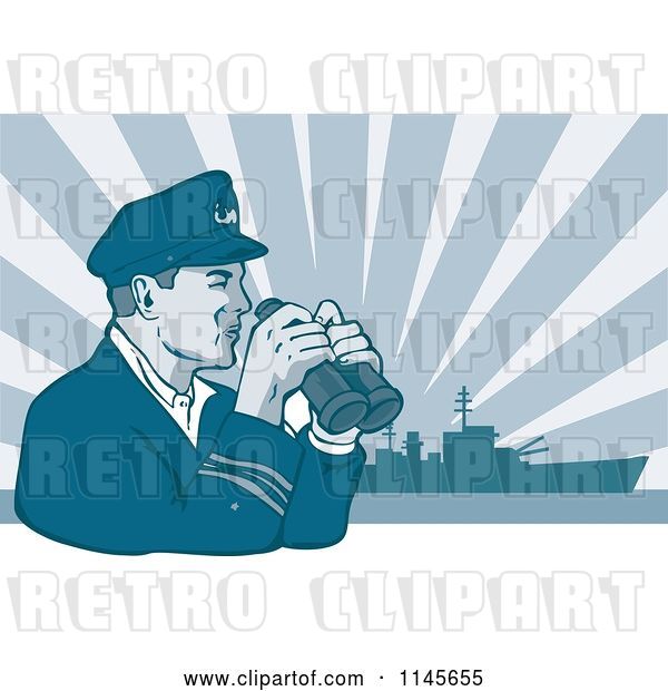 Vector Clip Art of Retro Navy Captain Holding Binoculars Against a Ship and Rays