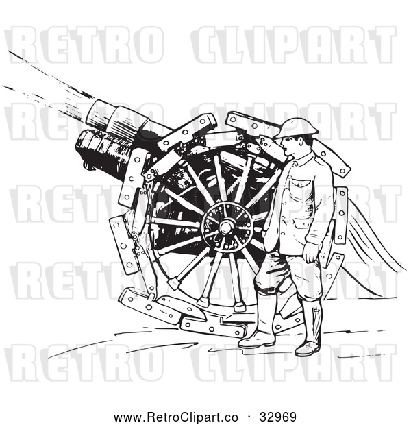 Vector Clip Art of Retro Navy Sailor with a Siege Gun in Black and White
