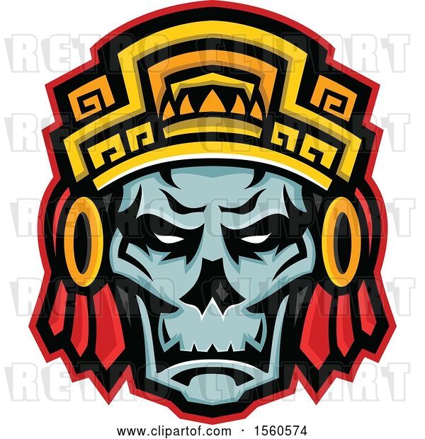 Vector Clip Art of Retro Noble Aztec Warrior Skull Wearing Wood Headdress
