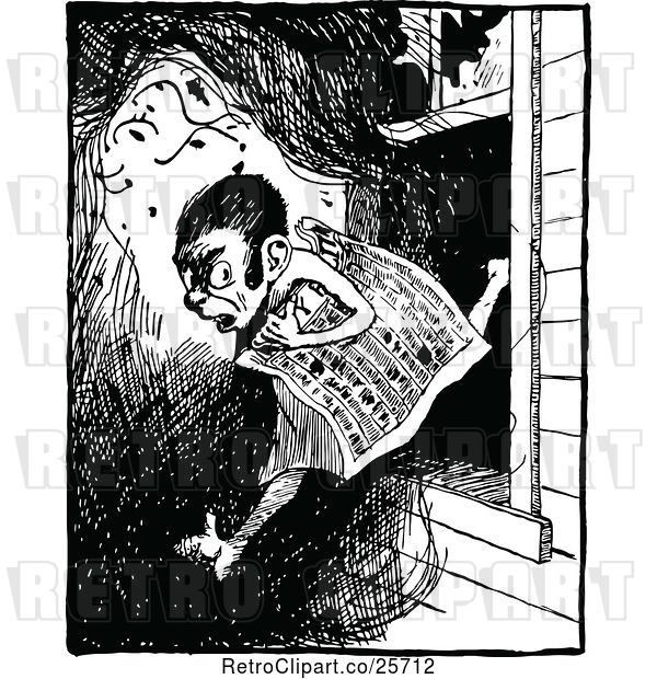 Vector Clip Art of Retro Nude Guy Leaping Through a Window with a Newspaper