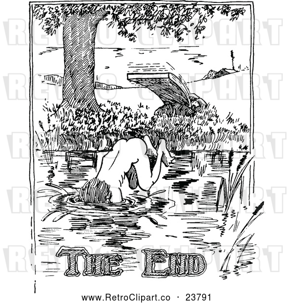 Vector Clip Art of Retro Nude Man Diving into a Pond with the End Text