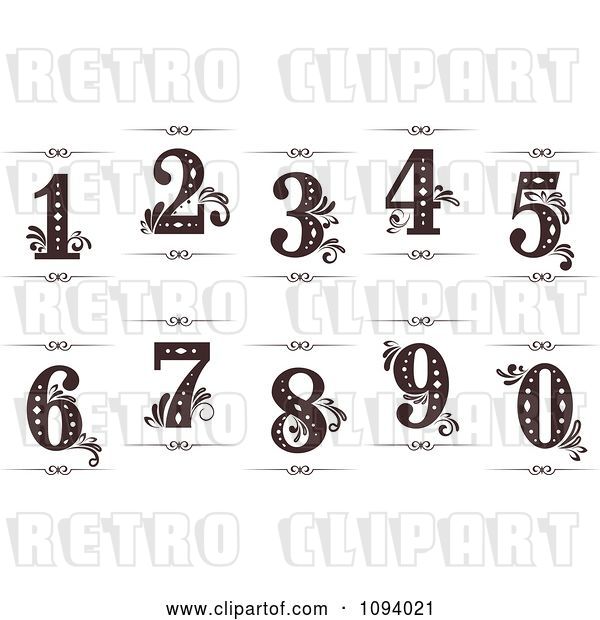 Vector Clip Art of Retro Numbers 1 Through 0 with Flourishes and Rule Dividers