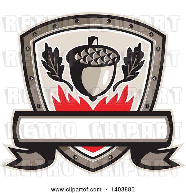 Vector Clip Art of Retro Oak Leaves and an Acorn with Flames in a Shield