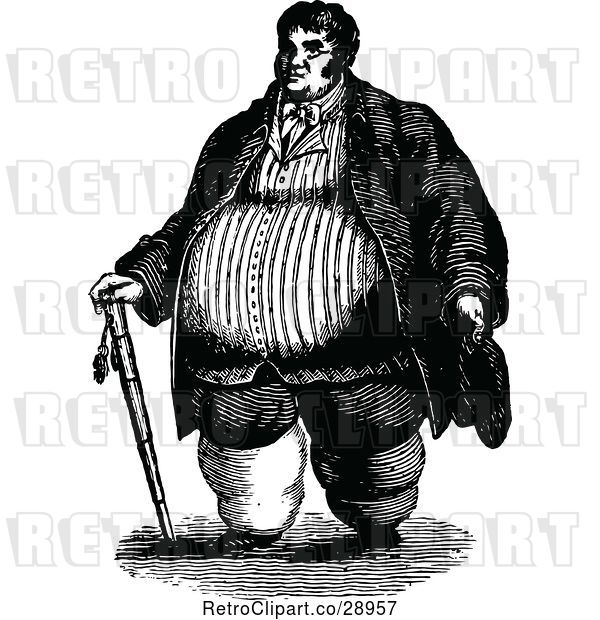Vector Clip Art of Retro Obese Guy with a Cane