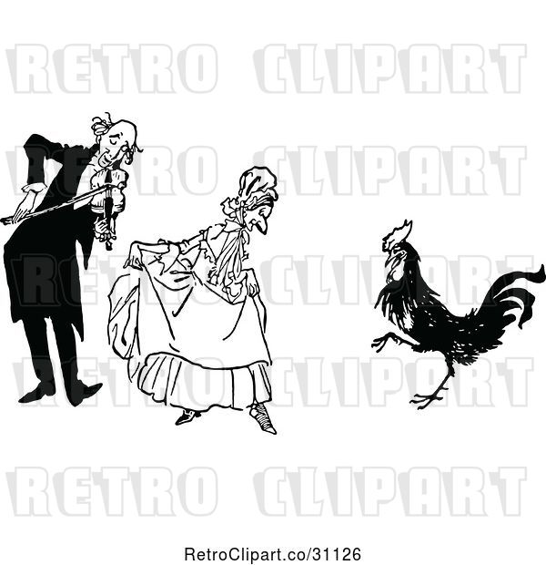 Vector Clip Art of Retro Old Couple and Dancing Rooster